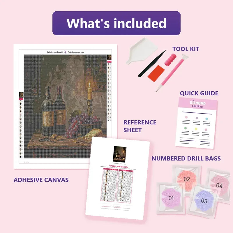 Grapes and Candle 40x50cm diamond painting kit contents: adhesive canvas, color chart, tools and diamond bags