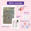 Thumbnail for What is included in the Great Black Woodpecker by Gallen-Kallela diamond painting kit - adhesive canvas, reference sheet, tools and numbered drill bags