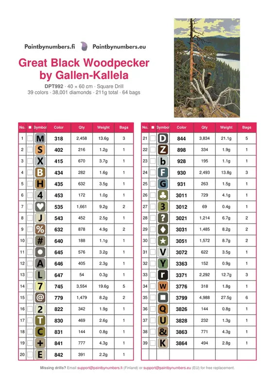 DMC color chart for Great Black Woodpecker by Gallen-Kallela diamond painting - 39 colors