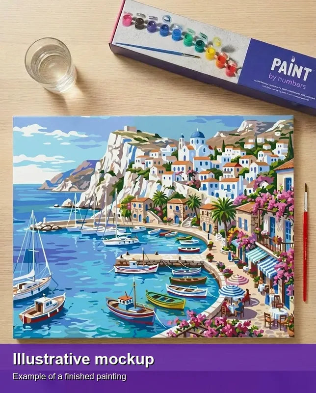 Finished paint by numbers mockup - Greek Harbor and Village 50x40cm