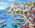 Thumbnail for Greek harbor and village paint by numbers, blue and white houses, boats on the water.