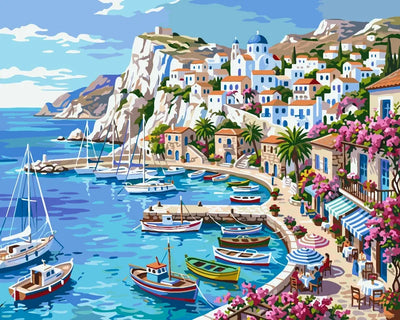 Greek harbor and village paint by numbers, blue and white houses, boats on the water.