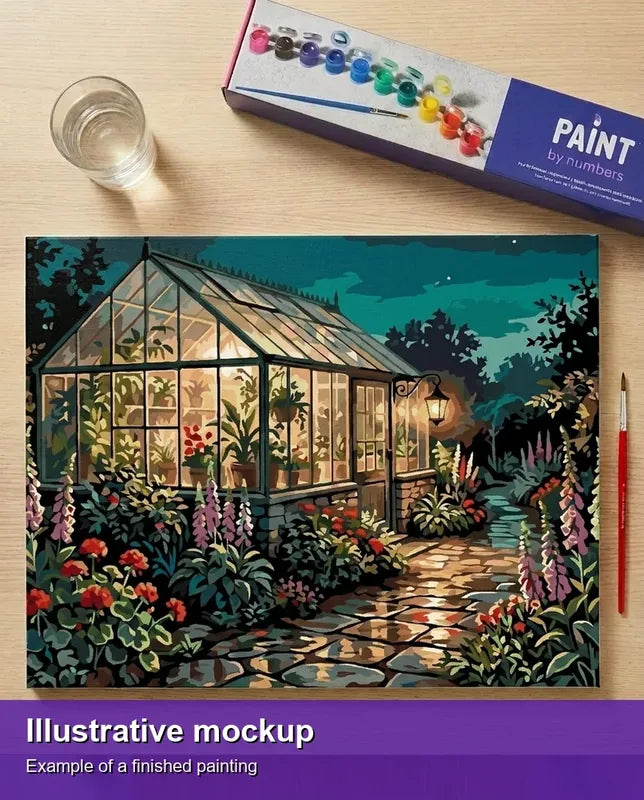 Illustration of the finished paint by numbers - Greenhouse at Night 2 50x40cm