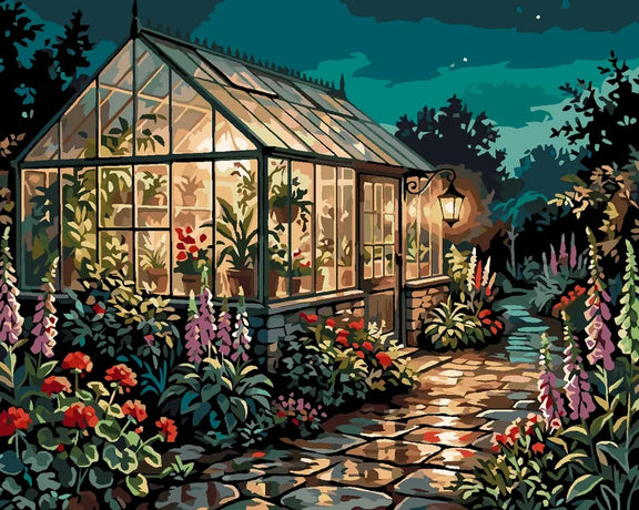 Greenhouse at night Paint By Numbers, warmer lighting and colorful flowers.