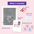 Thumbnail for What is included in the Grey Wolf in Heavy Snowfall diamond painting kit - adhesive canvas, reference sheet, tools and numbered drill bags