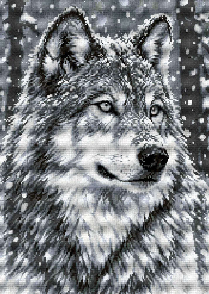 black-and-white wolf portrait in heavy snowfall, 50x70 cm diamond painting – full design preview