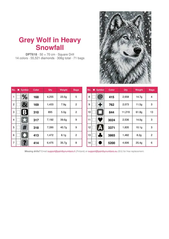 DMC color chart for Grey Wolf in Heavy Snowfall diamond painting - 14 colors