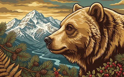 Diamond Painting of a bear in a mountain landscape, with pine branches and berries.