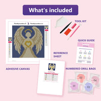Thumbnail for What is included in the Guardian Angel diamond painting kit - adhesive canvas, reference sheet, tools and numbered drill bags