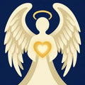 Thumbnail for Diamond Painting of an angel with golden heart and wings on a dark blue background.