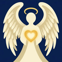 Thumbnail for Diamond Painting of an angel with golden heart and wings on a dark blue background.