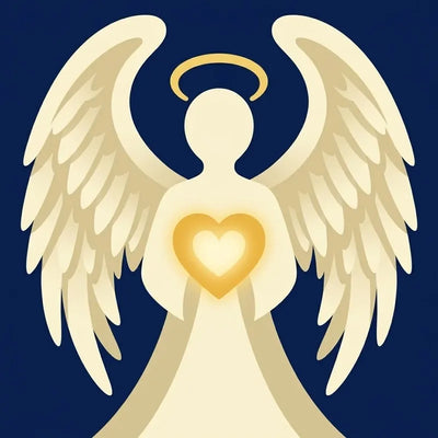 Diamond Painting of an angel with golden heart and wings on a dark blue background.