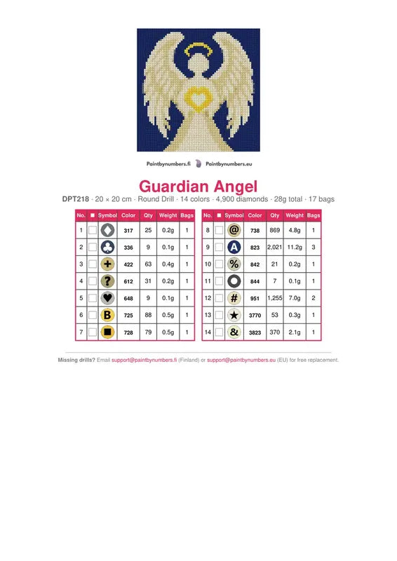 DMC color chart for Guardian Angel diamond painting - 14 colors