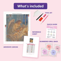 Thumbnail for Guardian at Watch 40x50cm diamond painting kit contents: adhesive canvas, color chart, tools and diamond bags