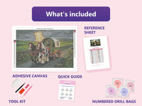 Thumbnail for Gypsy Caravan 60x40cm diamond painting kit contents: adhesive canvas, color chart, tools and diamond bags