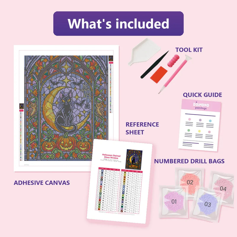What is included in the Halloween Stained Glass Window diamond painting kit - adhesive canvas, reference sheet, tools and numbered drill bags