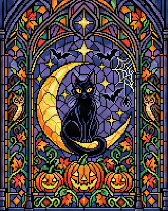 Halloween stained glass window with a black cat on a crescent moon, 40x50 cm diamond painting – finished design preview