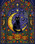Thumbnail for Halloween stained glass window with a black cat on a crescent moon, 40x50 cm diamond painting – full design preview