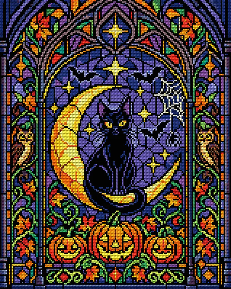 Halloween stained glass window with a black cat on a crescent moon, 40x50 cm diamond painting – full design preview