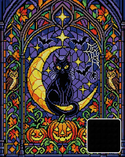 Halloween stained glass window with a black cat on a…, 40x50 cm diamond painting – design and close-up of square drills