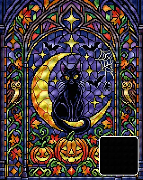 Halloween stained glass window with a black cat on a…, 40x50 cm diamond painting – design and close-up of square drills