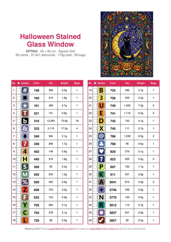 DMC color chart for Halloween Stained Glass Window diamond painting - 36 colors