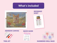 Thumbnail for Happy Corgi in Field 50x40cm diamond painting kit contents: adhesive canvas, color chart, tools and diamond bags