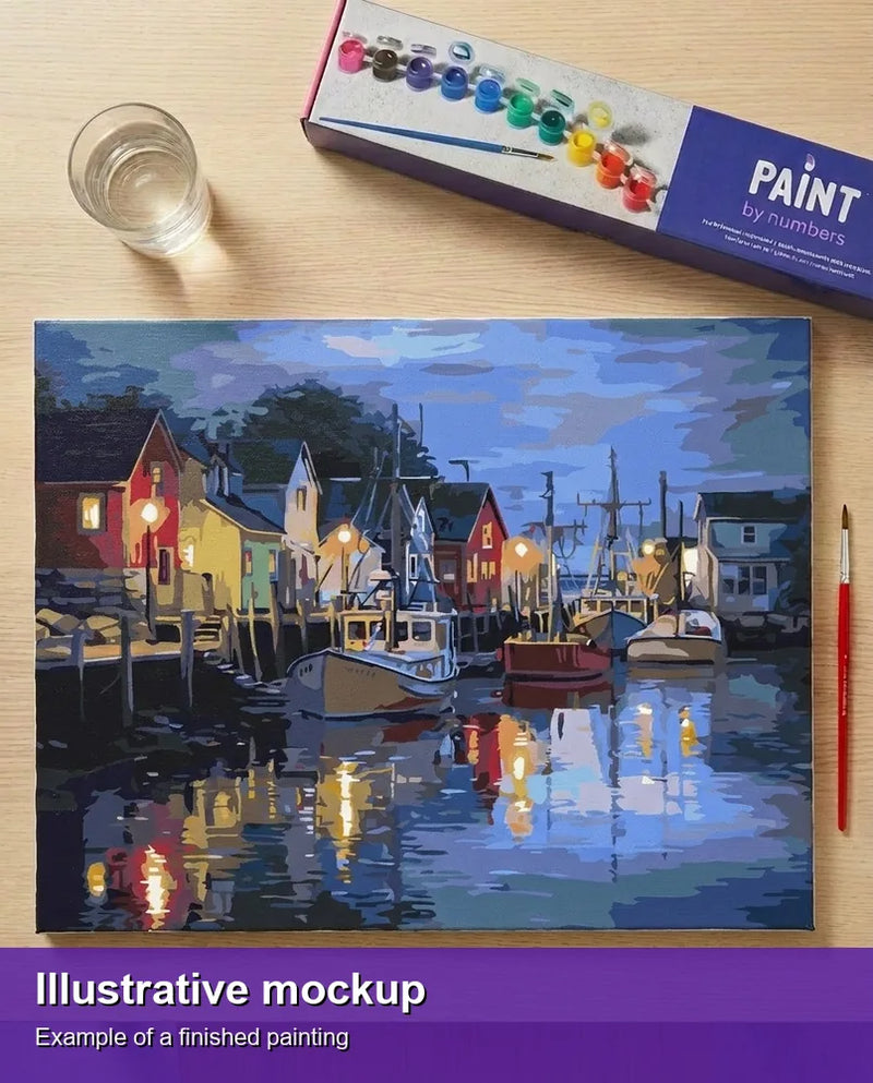 Finished paint by numbers mockup - Harbor Lights 50x40cm