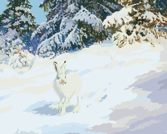 Måla efter nummer-motiv av Hare i vinterlandskap av Bruno Liljefors: en vit hare i snö framför snötäckta granar