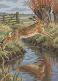 Thumbnail for Paint by numbers of a hare leaping across a ditch in front of pollarded willows and a wooden gate.