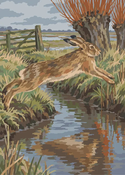 Paint by numbers of a hare leaping across a ditch in front of pollarded willows and a wooden gate.