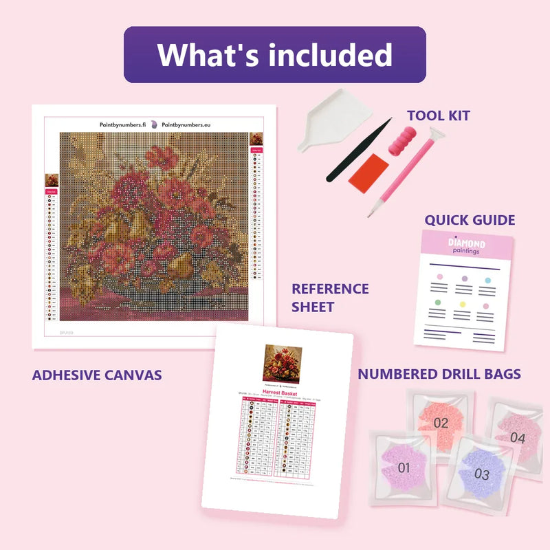 What is included in the Harvest Basket diamond painting kit - adhesive canvas, reference sheet, tools and numbered drill bags