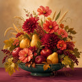 Thumbnail for Diamond Painting of a floral arrangement with fruit and autumn leaves in a green bowl.