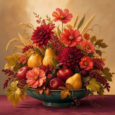 Diamond Painting of a floral arrangement with fruit and autumn leaves in a green bowl.