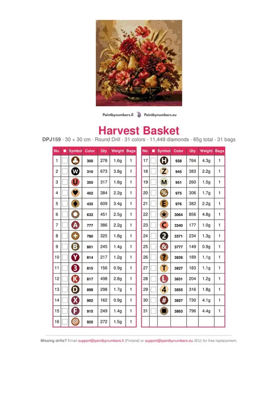 DMC color chart for Harvest Basket diamond painting - 31 colors