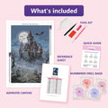 Thumbnail for Haunted Castle 40x60cm diamond painting kit contents: adhesive canvas, color chart, tools and diamond bags