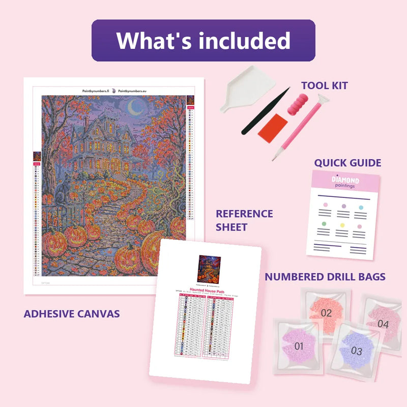 What is included in the Haunted House Path diamond painting kit - adhesive canvas, reference sheet, tools and numbered drill bags