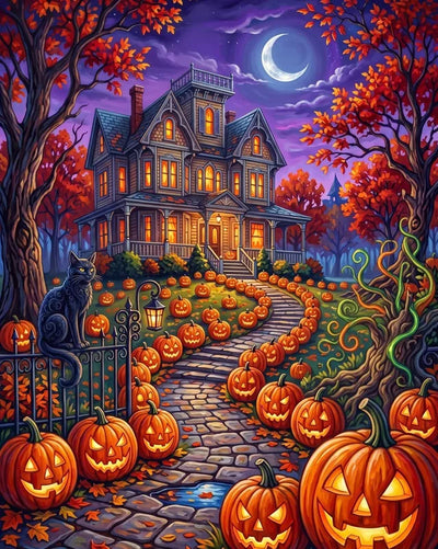 Diamond Painting Halloween house, jack-o'-lanterns, black cat, and autumn scenery.