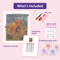 Thumbnail for Heather and Horns 40x50cm diamond painting kit contents: adhesive canvas, color chart, tools and diamond bags