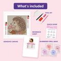 Thumbnail for What is included in the Hedgehog and Mushroom diamond painting kit - adhesive canvas, reference sheet, tools and numbered drill bags