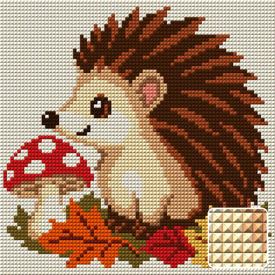Hedgehog and Mushroom, 20x20 cm diamond painting – finished design preview with a close-up of square drills