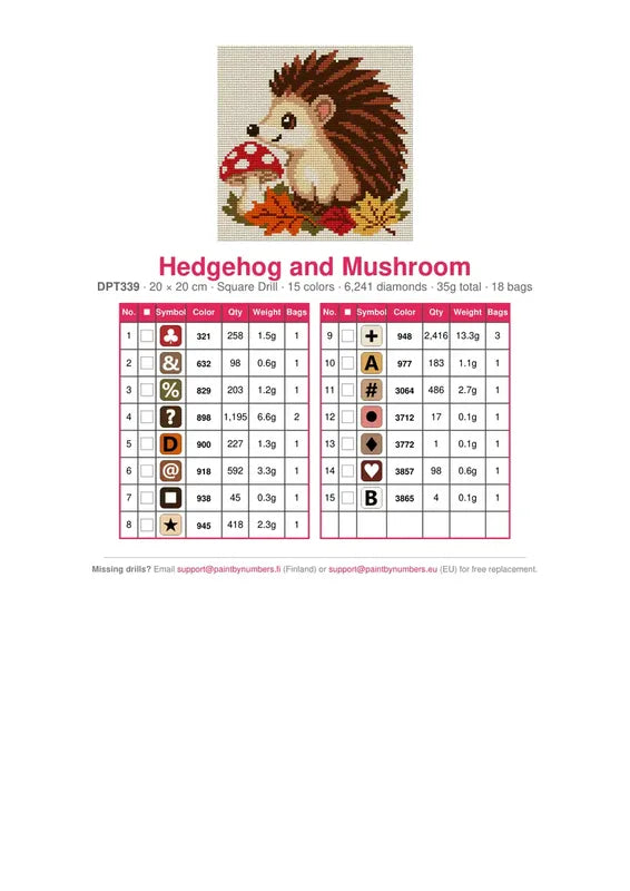 DMC color chart for Hedgehog and Mushroom diamond painting - 15 colors