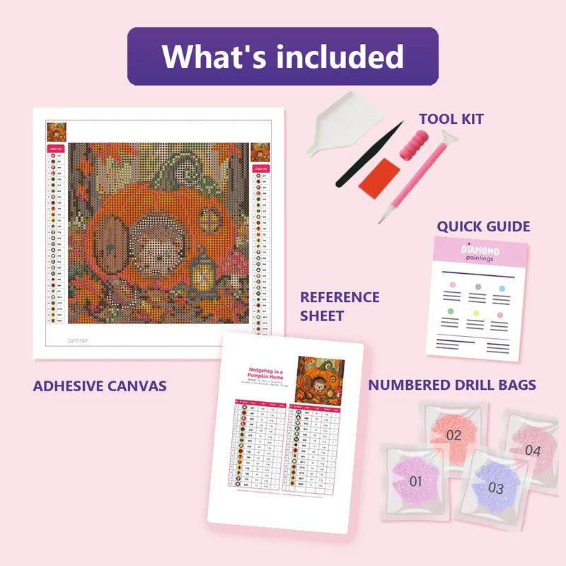 What is included in the Hedgehog in a Pumpkin Home diamond painting kit - adhesive canvas, reference sheet, tools and numbered drill bags