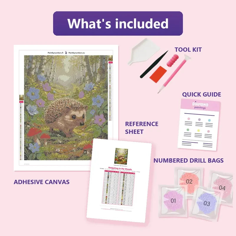 Hedgehog in the Woods 40x50cm diamond painting kit contents: adhesive canvas, color chart, tools and diamond bags