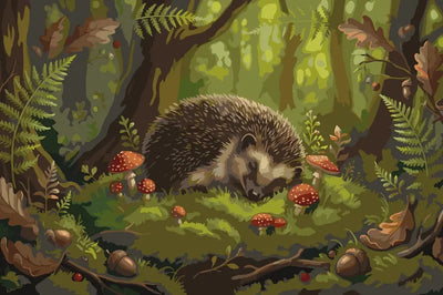 Hedgehog sleeping in forest with mushrooms and leaves paint by numbers.