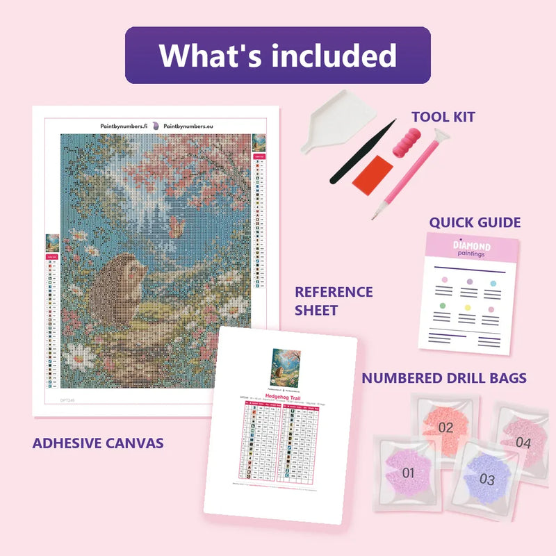Hedgehog Trail 30x40cm diamond painting kit contents: adhesive canvas, color chart, tools and diamond bags