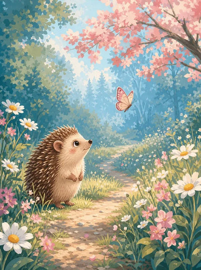 Diamond painting of a hedgehog on a spring forest path, flowers and a butterfly.
