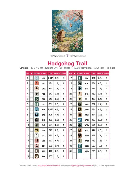 Hedgehog Trail diamond painting color chart – 31 DMC colors