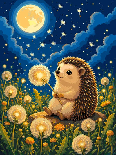 Hedgehog holding a dandelion in the night sky - Paint By Numbers