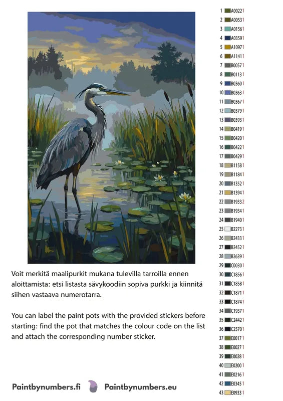 Paint color chart and instructions - Heron in Marsh 40x60cm